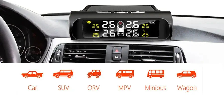 E-ACE TPMS tire pressure monitor display on black car dashboard with digital pressure readings and temp indicators