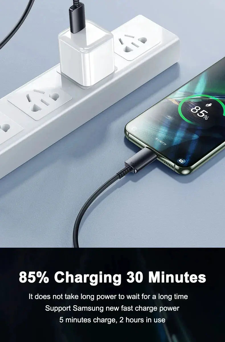 PD 45W USB-C charging cable in black connected to a Samsung Galaxy smartphone on a power strip