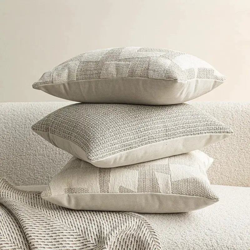 Decorative ivory pillows with textured woven patterns, set of three for sofa and chair