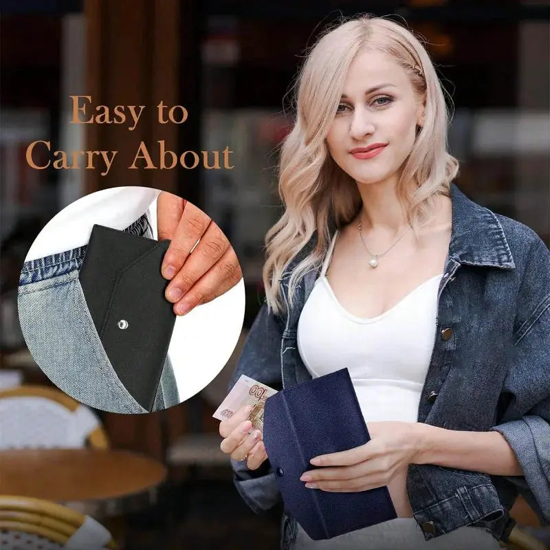 Leather women's wallet with card slots, navy blue, compact portable design