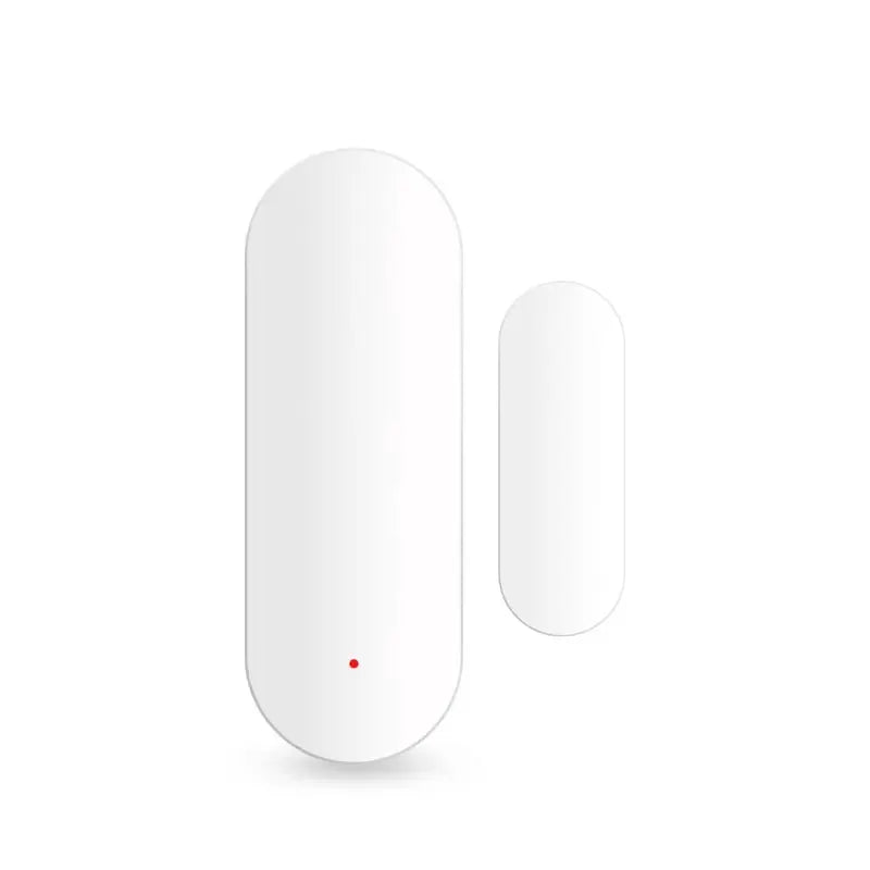 Tuya Smart WiFi door sensor pair in white, large main unit with red status dot and smaller magnet.