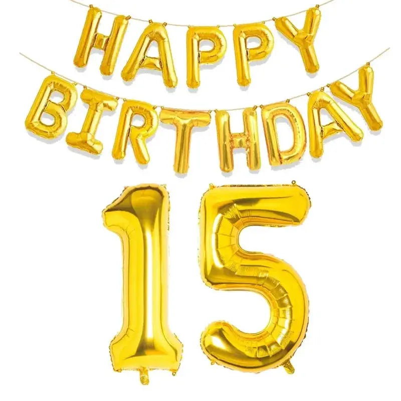 15 Piece Gold Happy Birthday Foil Balloons Set With Numeric Cutouts For Milestone Ages 10 To 60 Kids And Adults