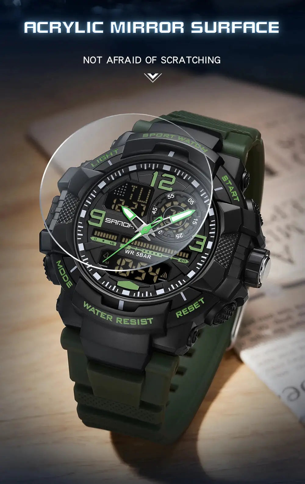 SANDA 6130 dual-display men's sport watch, black with green accents, waterproof LED digital clock with alarm.