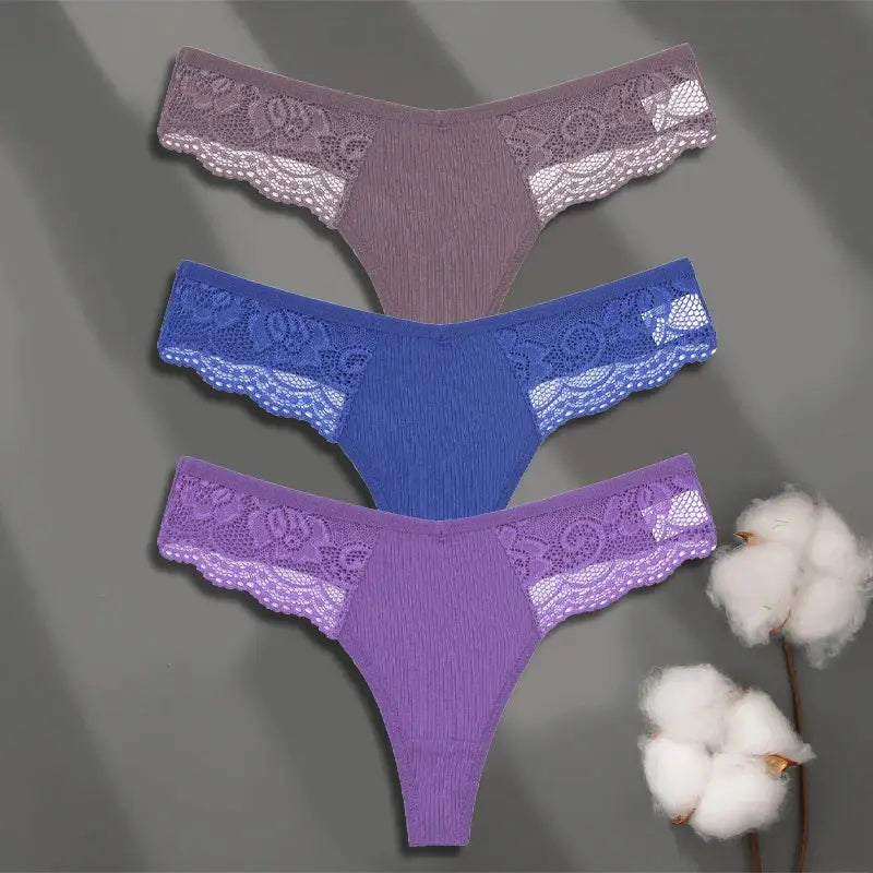 3-pack women's cotton lace thong underwear in taupe, blue, and lavender with low-rise waist