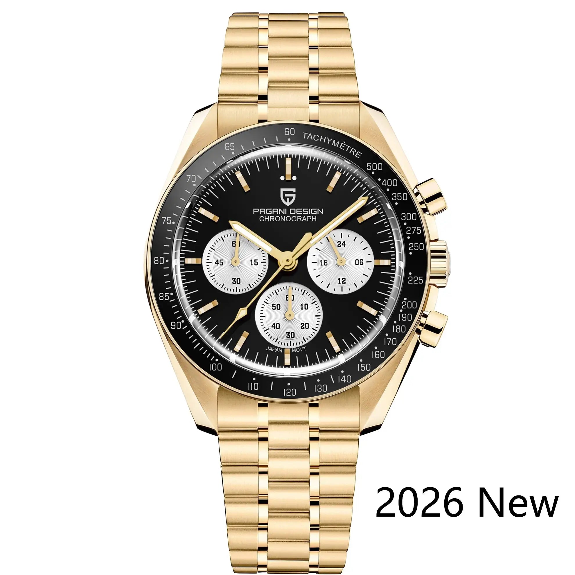 Pagani Design gold-tone chronograph watch with black dial and tachymeter bezel