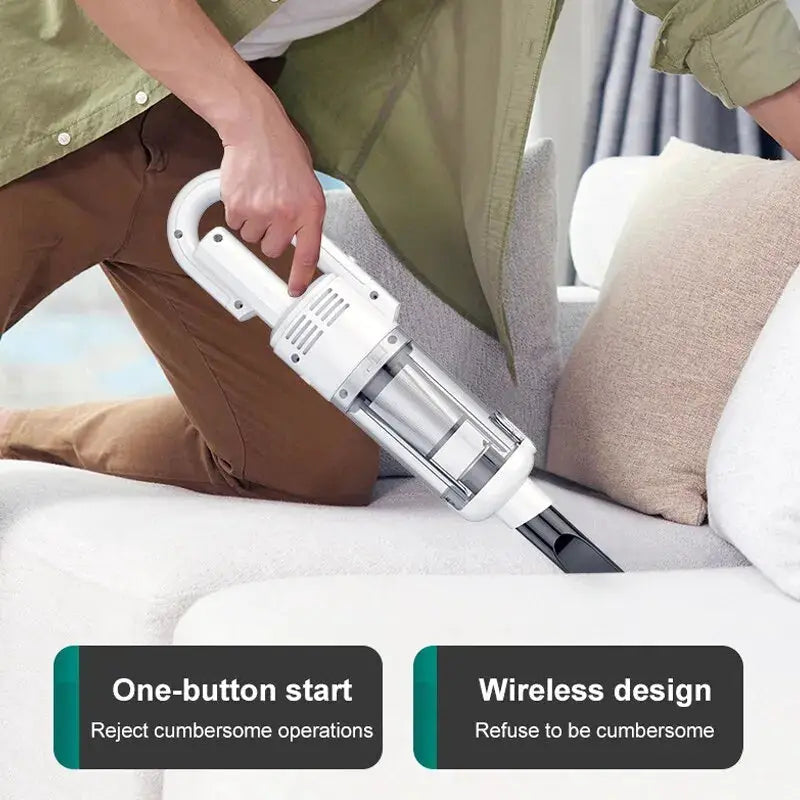 Handheld cordless vacuum cleaner with white body, transparent canister and HEPA filter