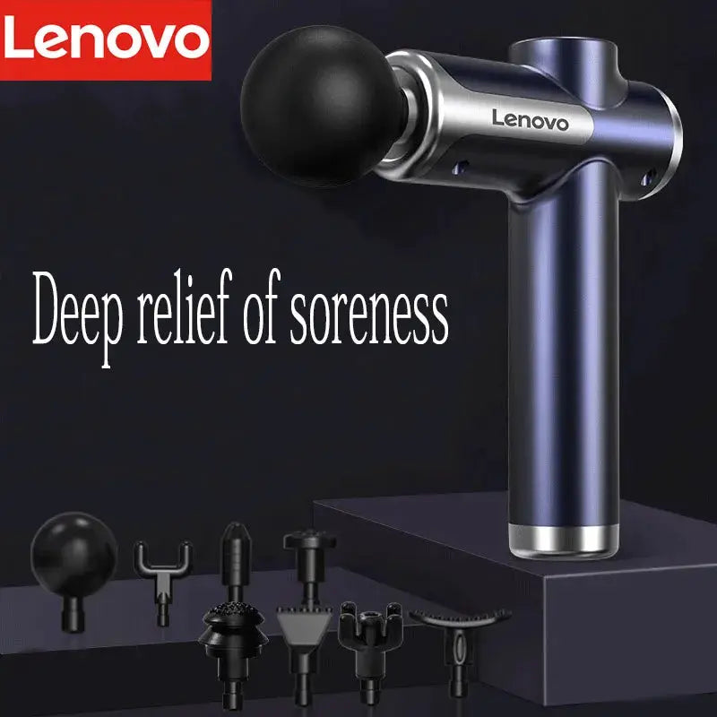 Lenovo massage gun with LED touchscreen in dark blue metallic finish, including 6–8 massage head attachments.