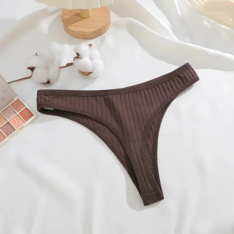 Women’s ribbed brown cotton G-string thong underwear by Simples Market, low-rise bikini lingerie