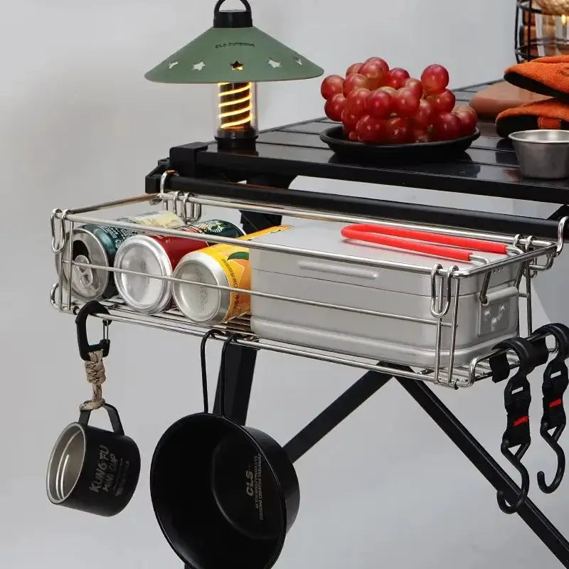 Outdoor aluminum table-side storage rack with hanging wire basket and hooks