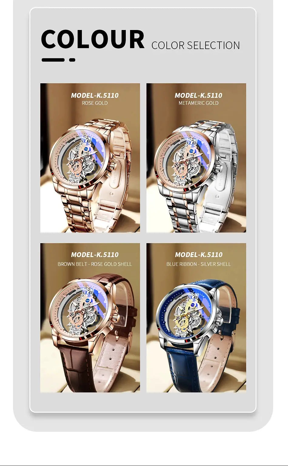 Set of four men's skeleton watches in rose gold, metameric gold, brown strap rose-gold shell, blue ribbon silver