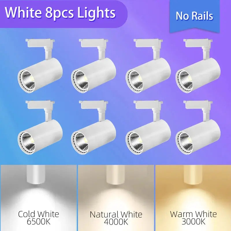 LED track lighting kit, 8 white spotlight heads for living room, 220V, Simples Market full set with 3000/4000/6500K color temps.