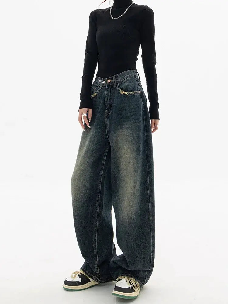 High Waist Wide Leg Jeans Women Harajuku Vintage BF Style Denim