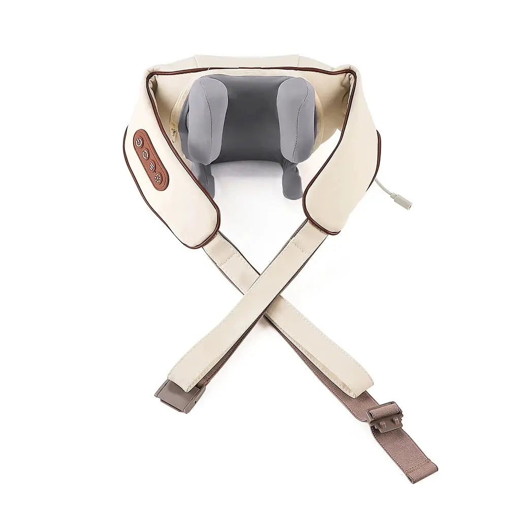 Foreverlily 26W wireless neck and shoulder massager shawl with cream/beige fabric, gray cushions, and cross straps