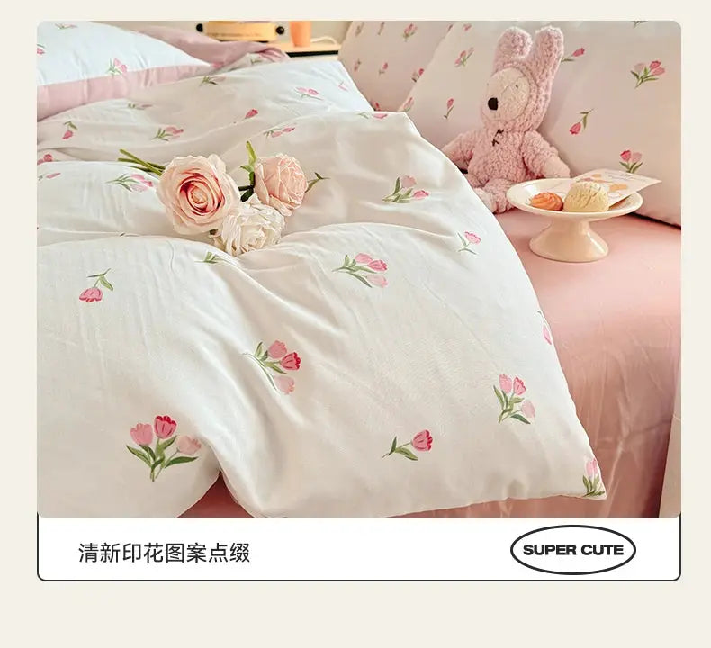 Tulip print quilt cover and pillowcase three-piece set for student bedding, white with pink tulips; SUPER CUTE logo.
