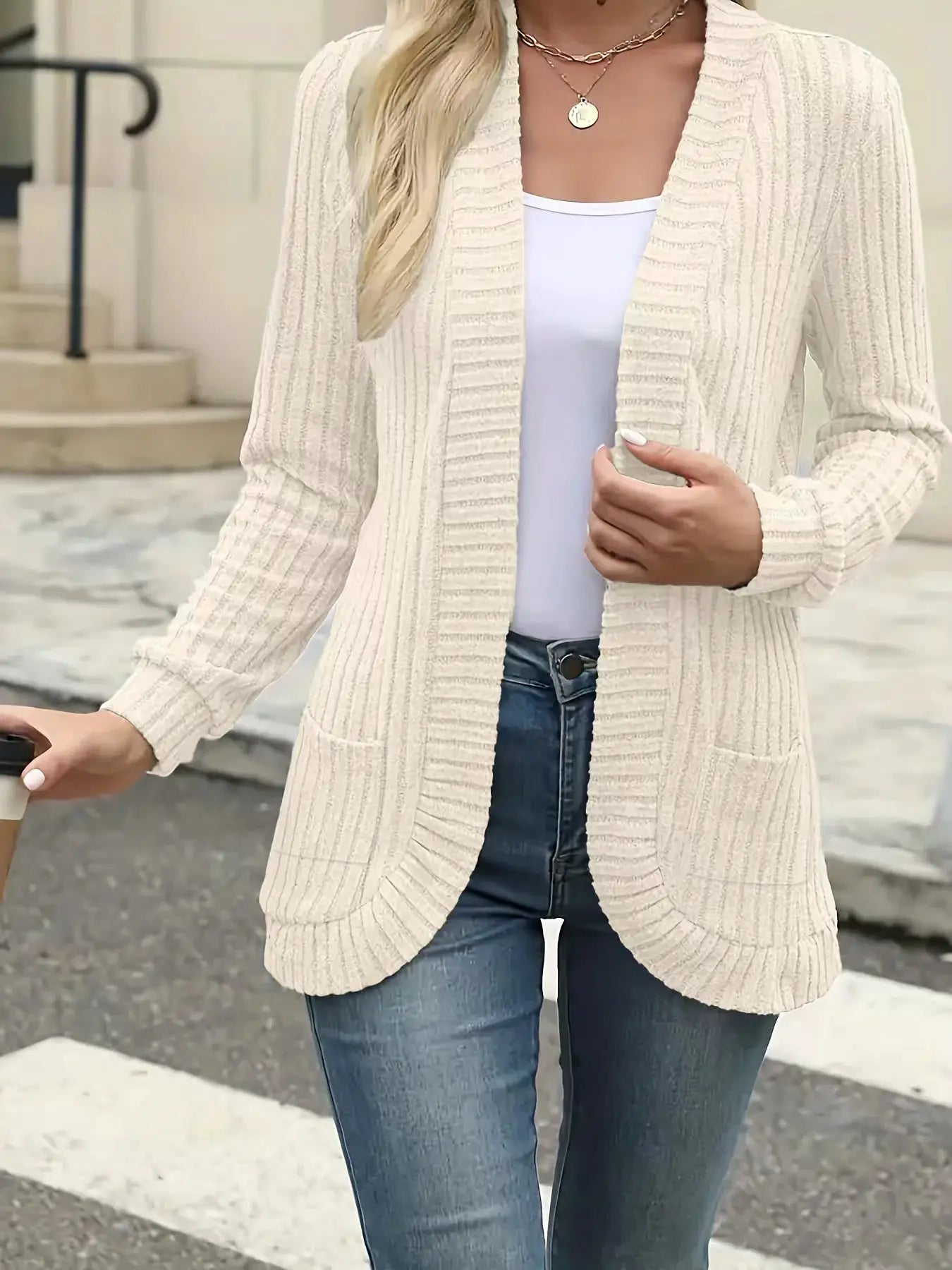 StyleNest Solid Color Brushed Pinstripe Cardigan Jacket For Women With Cozy Warmth And High Stretch Knit