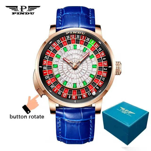 PINDU NH35A mechanical men's watch with blue leather strap, gold-tone case, roulette-style diamond dial, sapphire glass