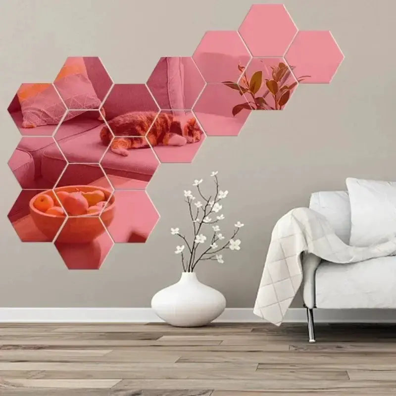 Hexagon acrylic mirror wall tiles, pink mosaic, 5pcs, Simples Market.