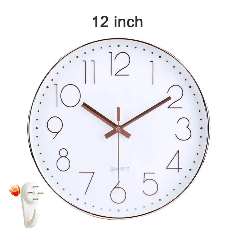 12 inch wall clock with white dial, copper hands, and bold Arabic numerals; two-item set with plug adapter