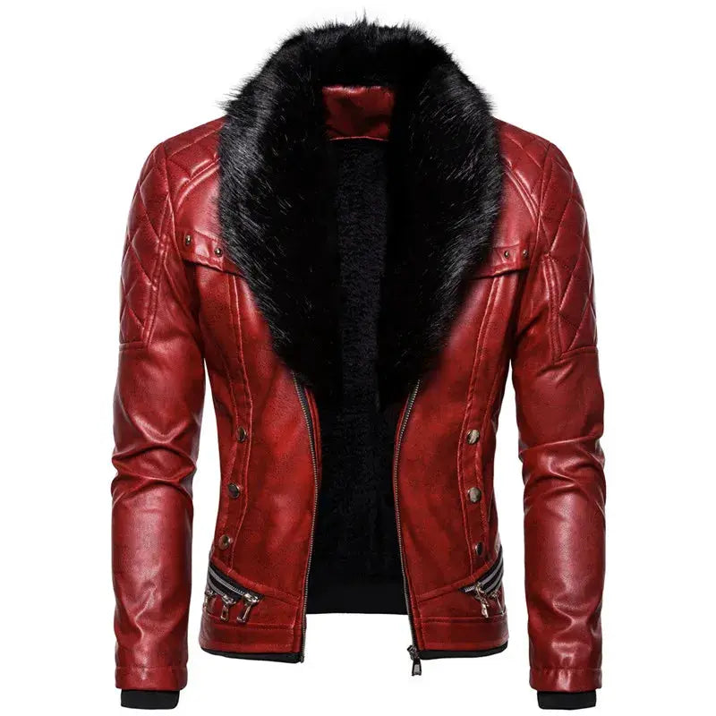 Simples Market men's red PU leather biker jacket with black fur collar and quilted shoulders