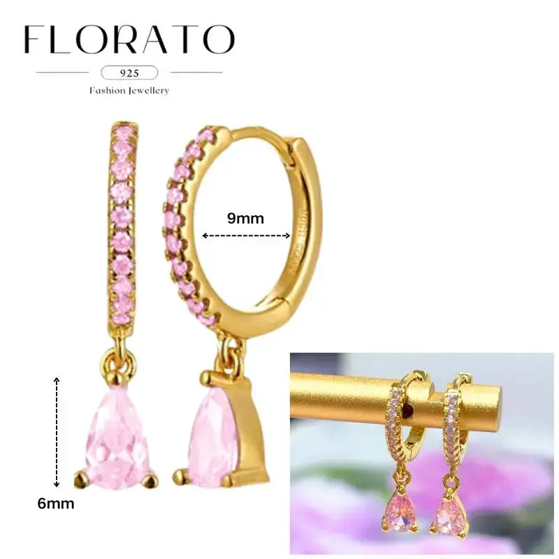 Hoop earrings with pink zircon stones and pink teardrop pendants, gold-tone finish, pair