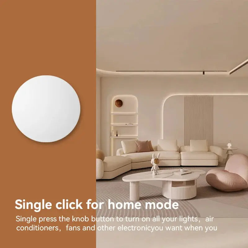 Simples Market Zigbee smart wireless button switch; round white button on brown panel beside a modern living room.