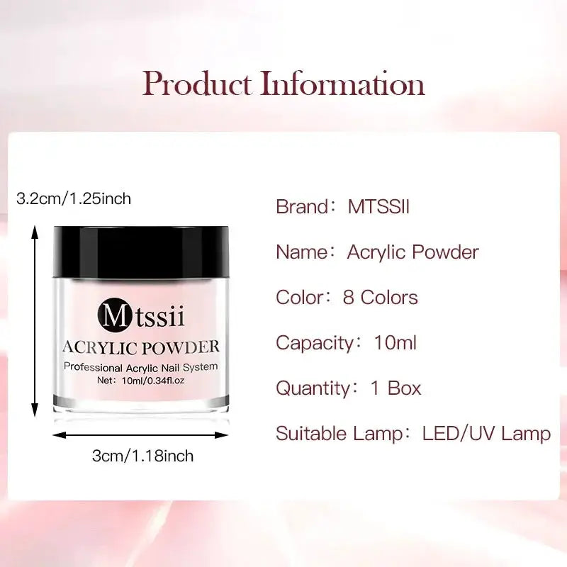MTSSII acrylic powder nail system set with 8 colors, 10ml jars, includes monomer liquid and nail brush