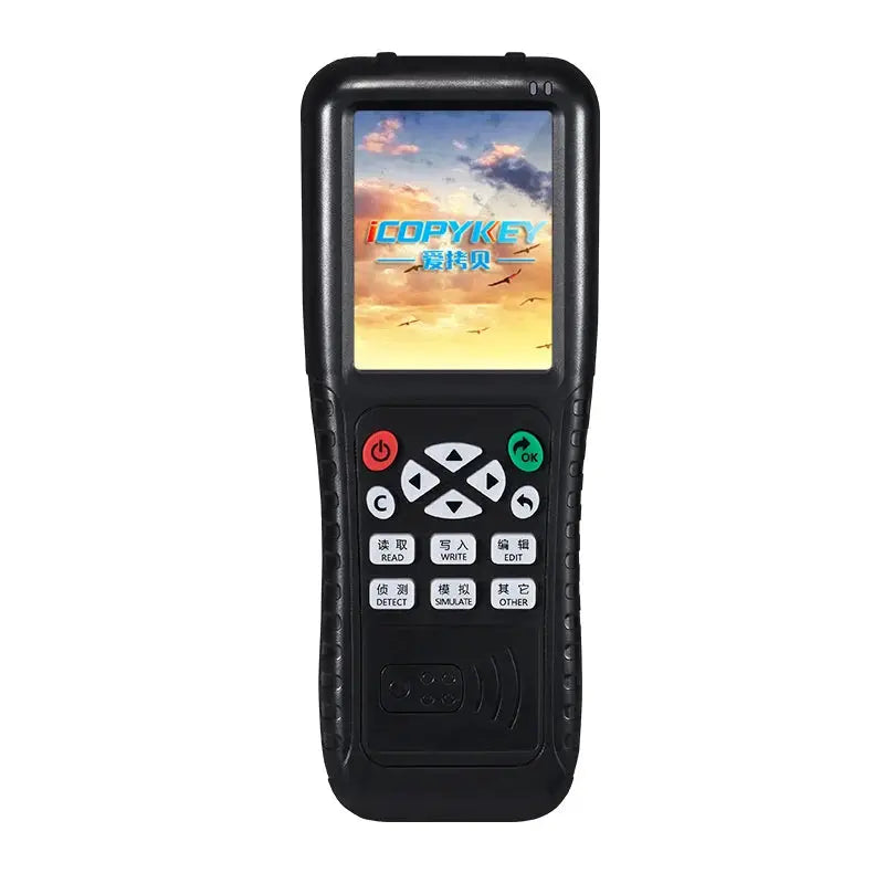 NFC smart card reader/writer handheld device, black with white keypad and iCOPYKEY logo