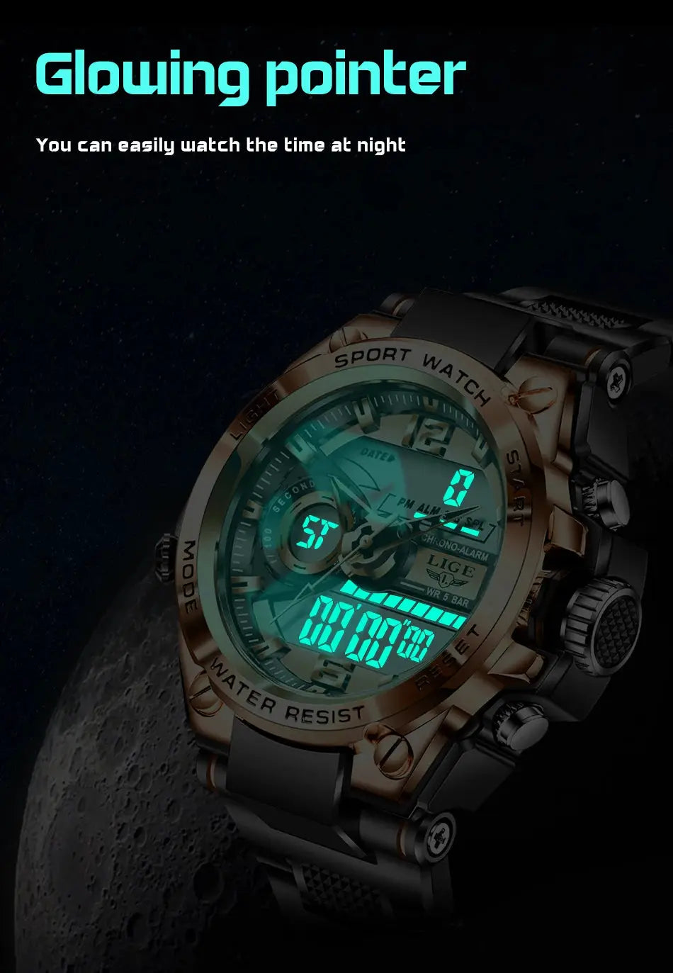 LIGE men's digital military watch, gold-tone case, black strap, glowing LED display, 50m water resistant