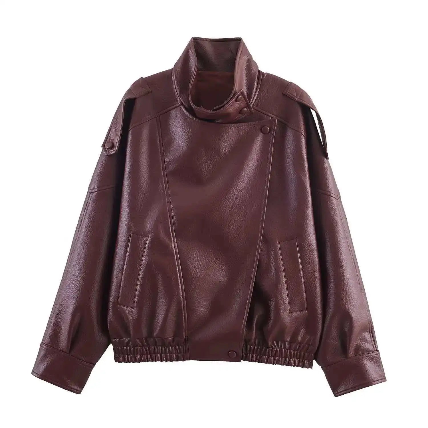 Kondala Womens Black Leather Jacket Casual Chic Oversized Elastic Fit With Button Details For Streetwear 2026