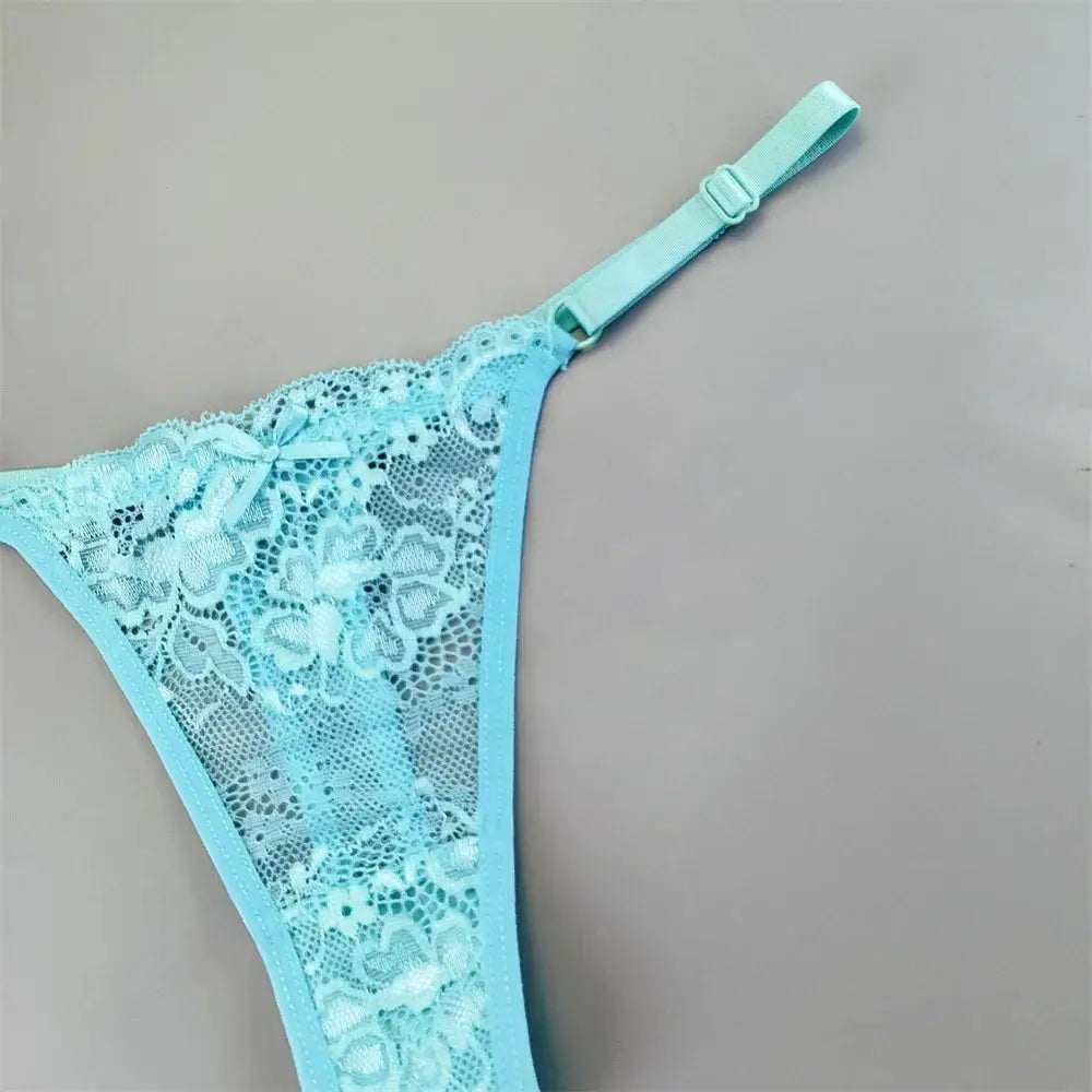 Turquoise lace thong underwear with adjustable strap, floral sheer mesh, low-rise T-back