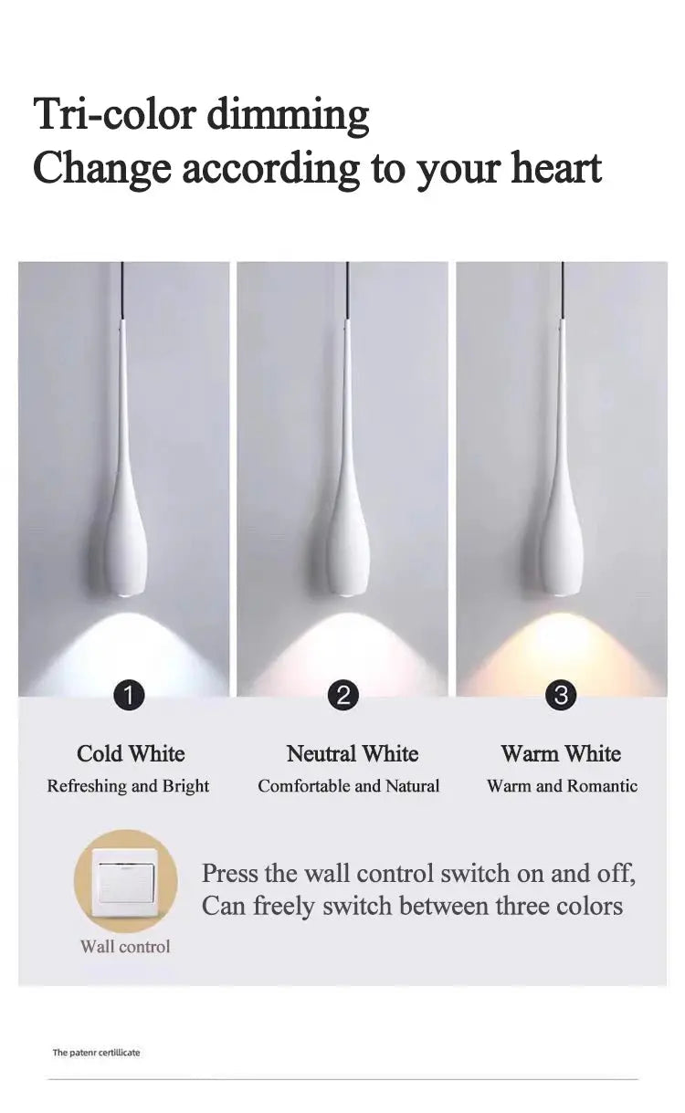 MARPOU LED pendant light by Simples Market; 6W, adjustable height, tri-color dimming (cold/neutral/warm white).