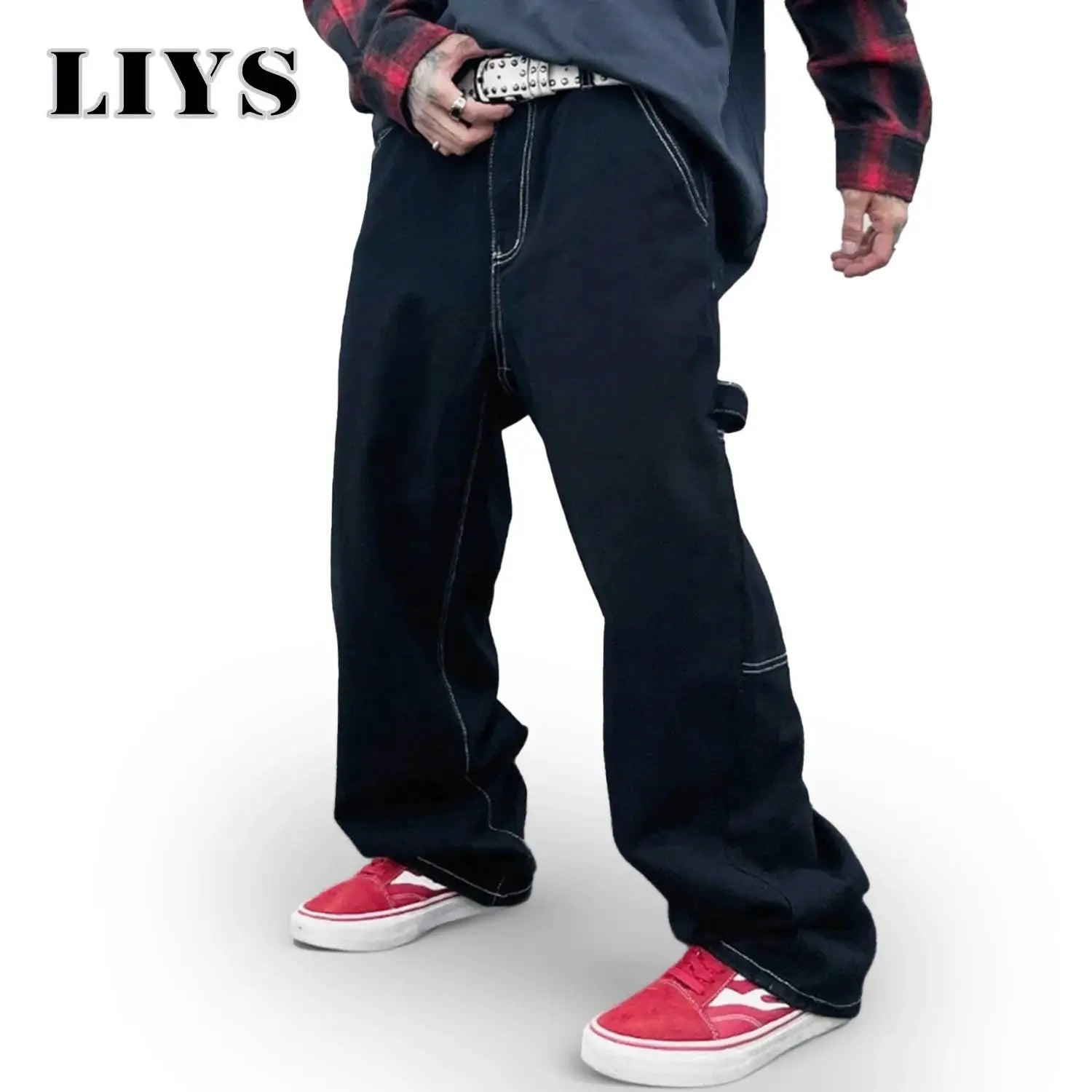 Liys retro black work jeans for men, straight-leg denim with white contrast stitching, paired with red sneakers