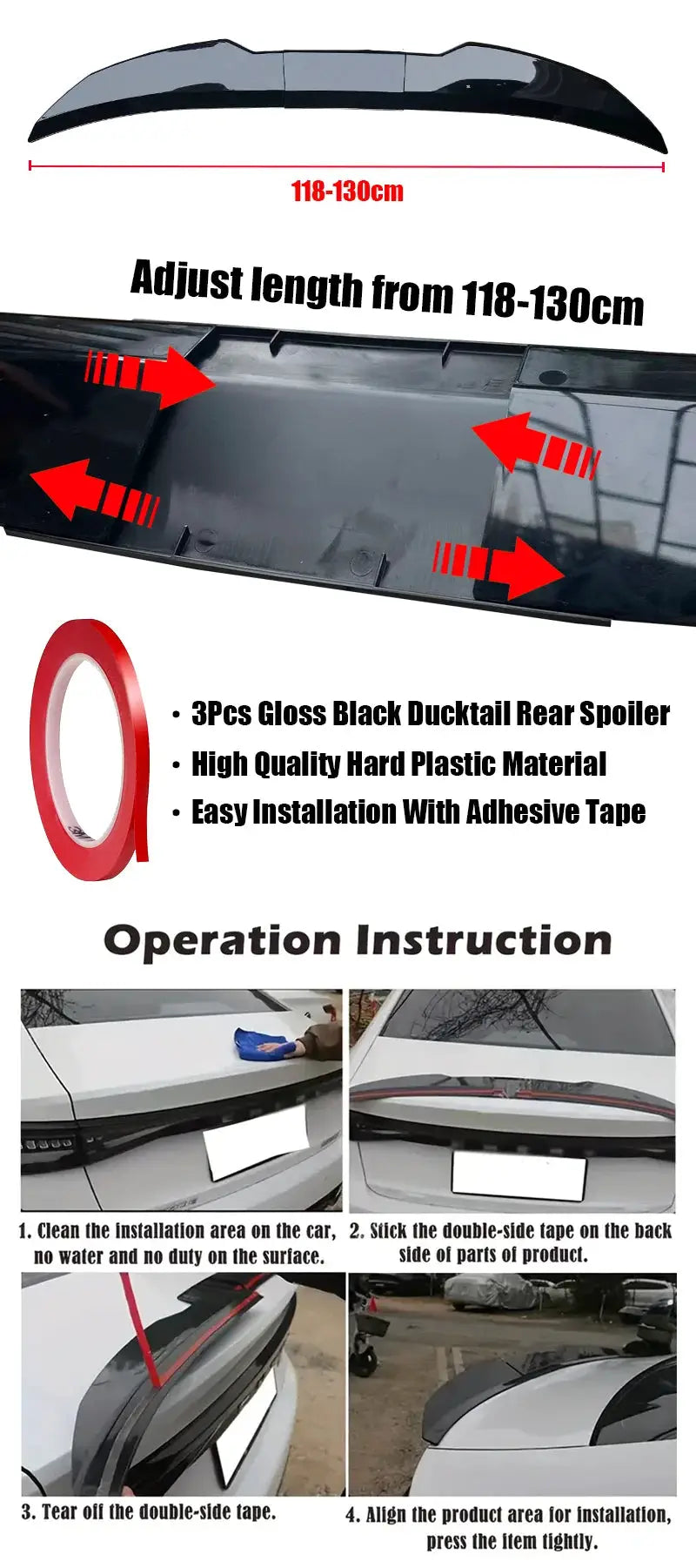 BMW 5 Series E60/E61 ducktail rear spoiler, 3-piece gloss black, 118–130 cm