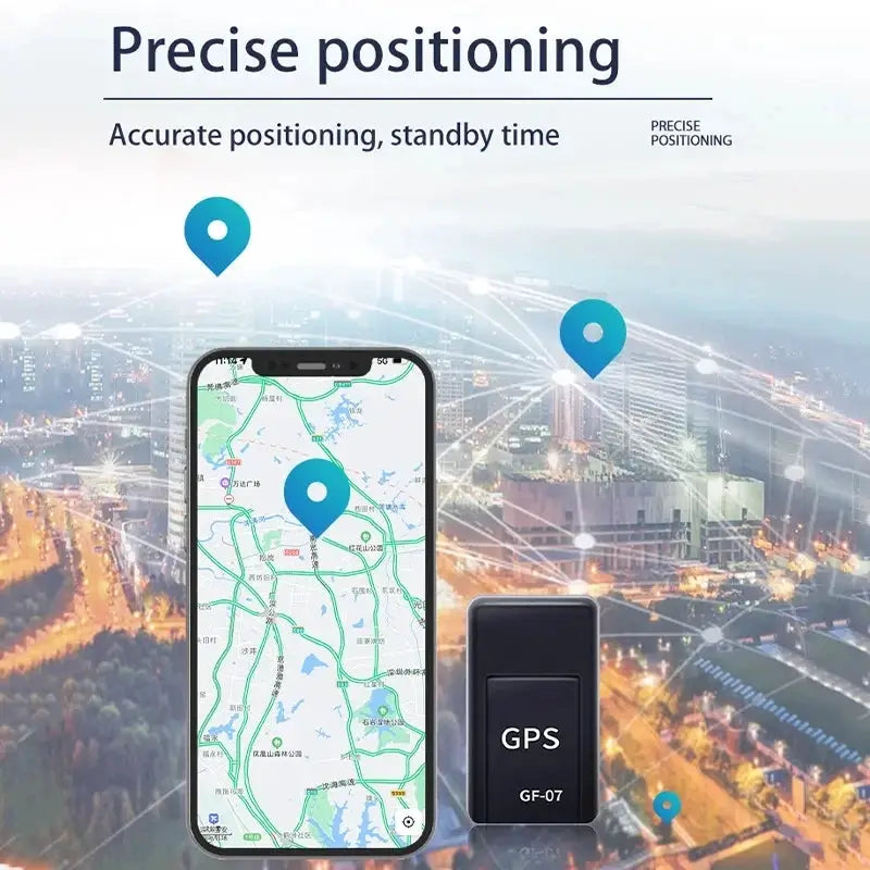 GF07 magnetic mini GPS tracker, compact black vehicle and pet locator with real-time map on mobile app.