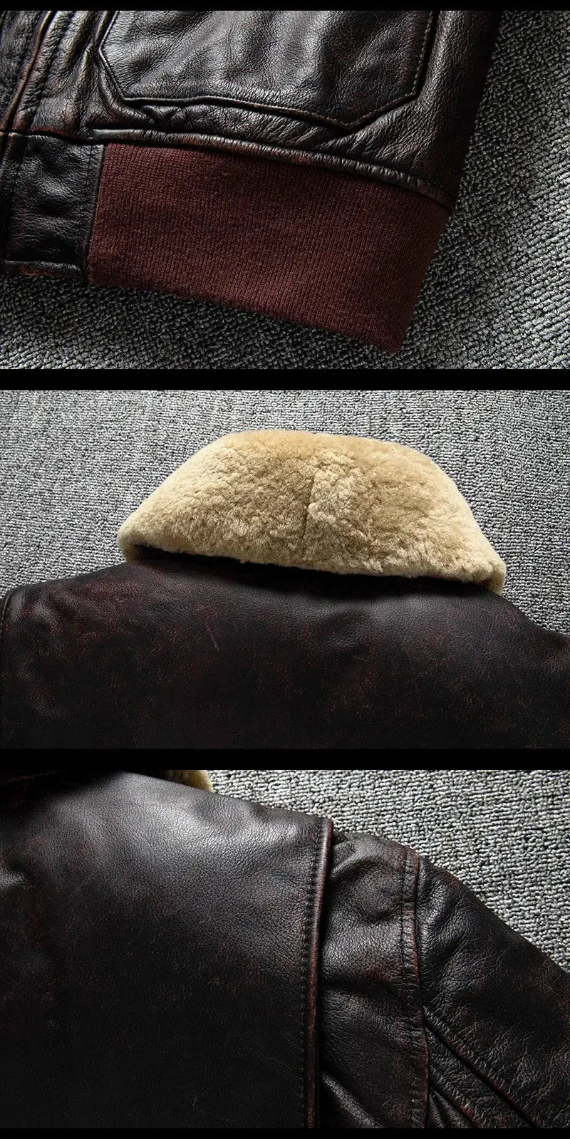 Air Force flight jacket in brown genuine cowhide leather with beige shearling collar by Simples Market, G1 style