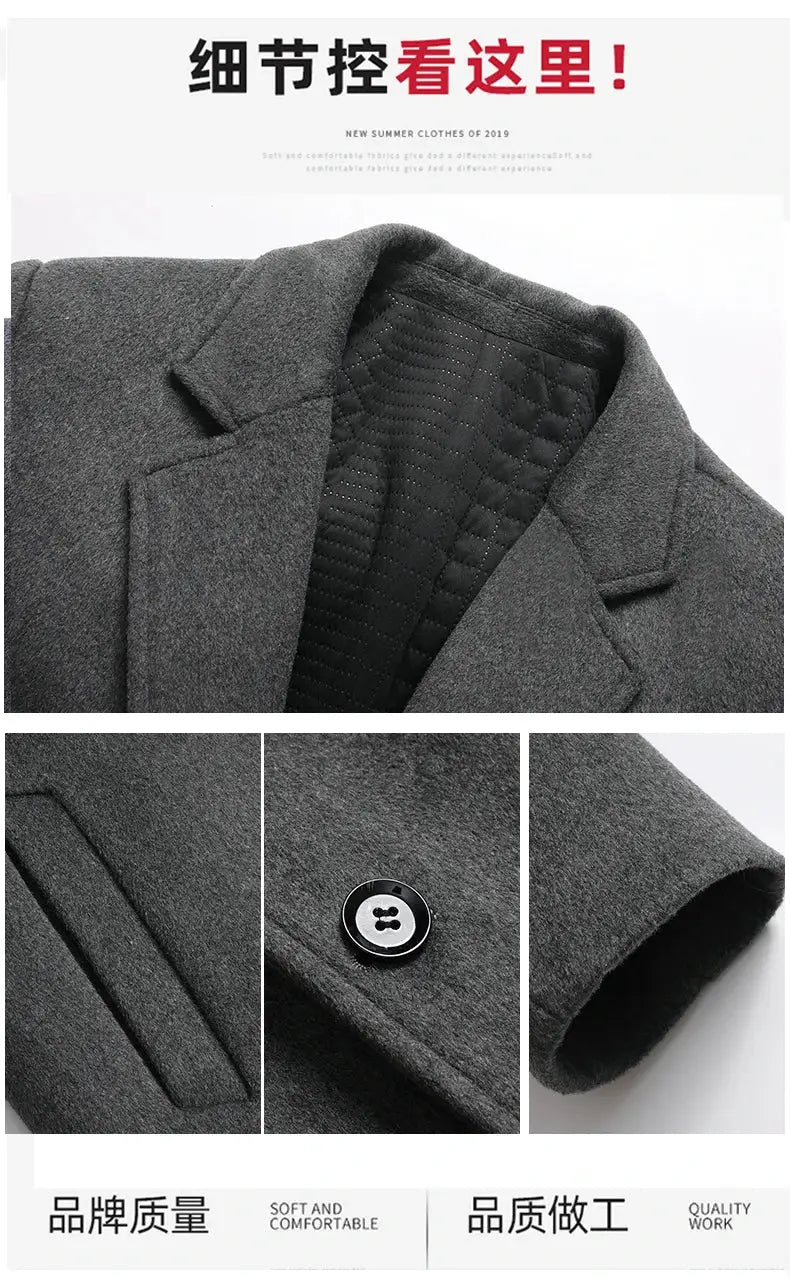 Men's gray wool trench coat, long winter jacket with black quilted lining and front pockets.