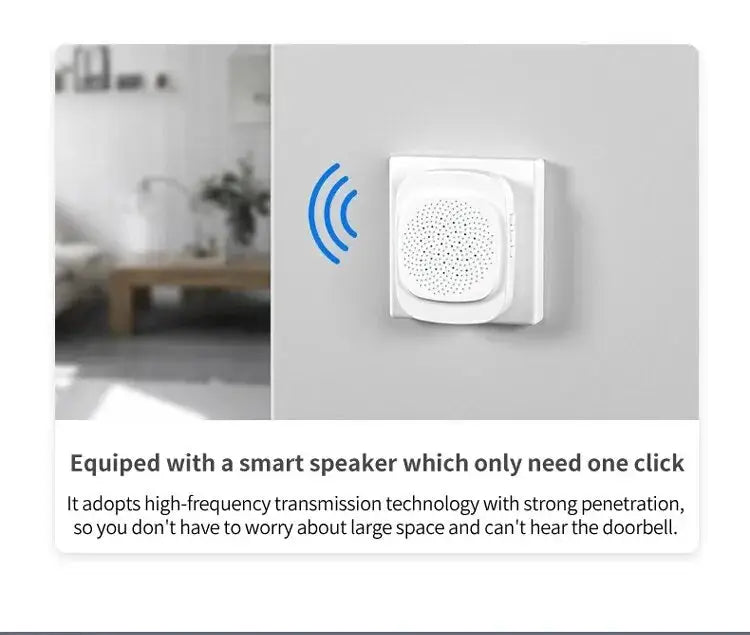 Wireless video doorbell mounted on a white wall, featuring a perforated speaker grille and a blue wireless icon