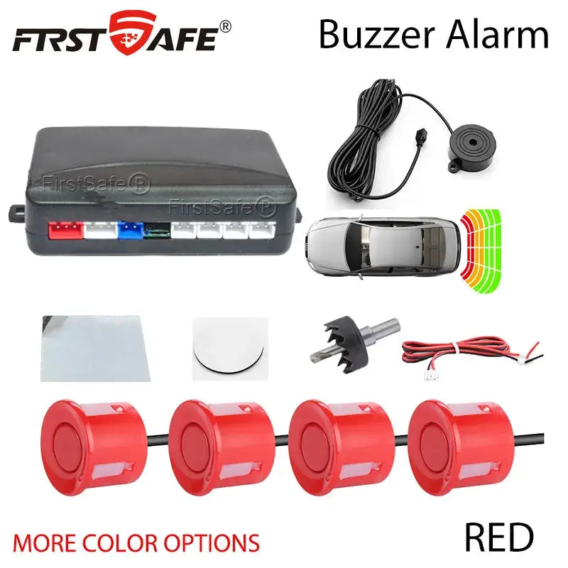 FirstSafe parking sensor kit by Simples Market; 4 red sensors with ECU and buzzer for 12V reverse radar.