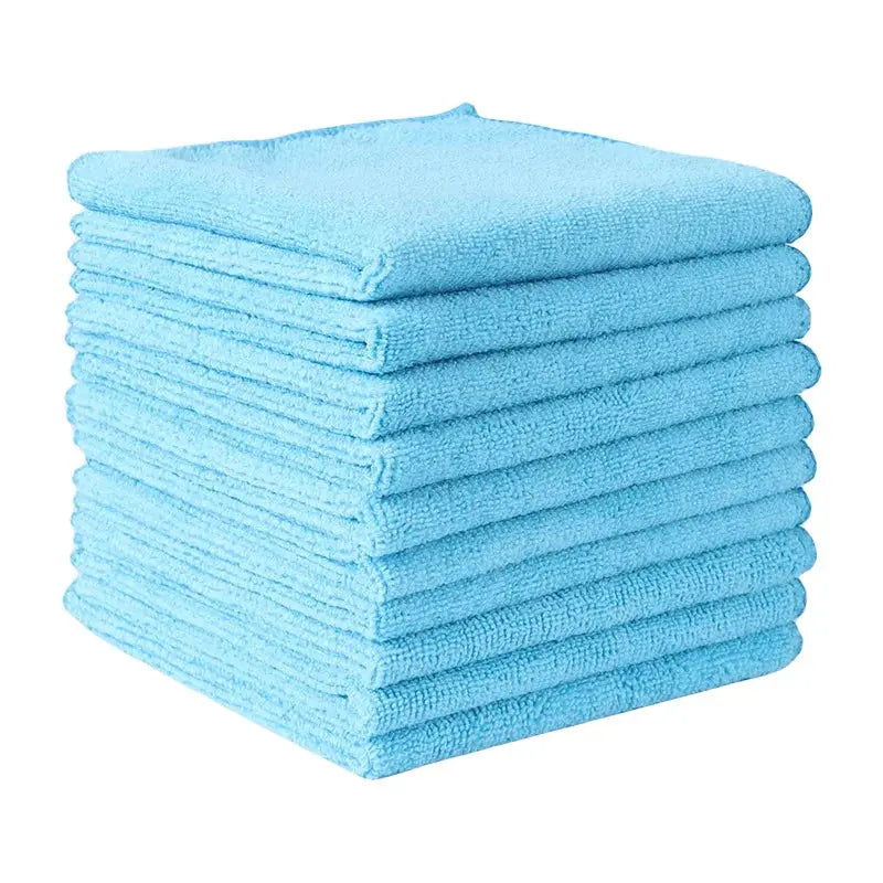Stack of blue microfiber car cleaning towels; soft, quick-drying cleaning cloths