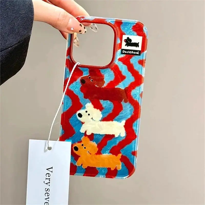 PawCart Cartoon Stripes Dog Chain Case For iPhone 16 15 14 13 12 11 Pro Max Mini Anti Fall TPU Soft Shell With Lanyard