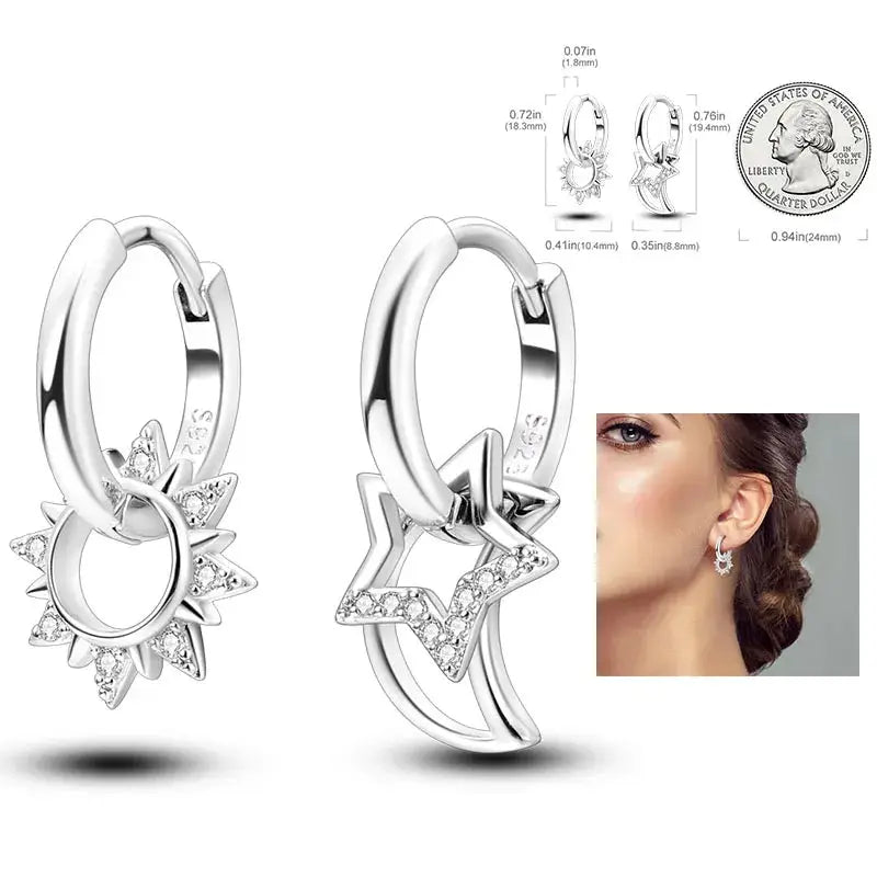 925 Silver Hoop Earrings For Women Zircon Heart Shape Star Eardrops Original Fashion Jewelry
