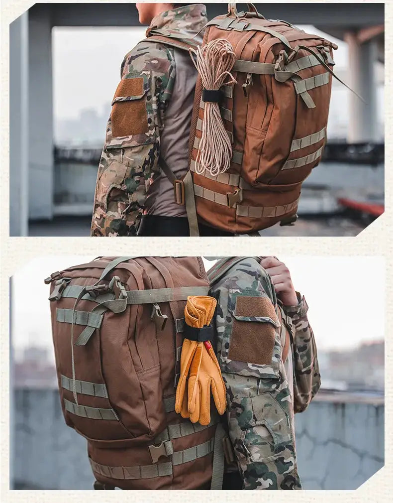 Multi-purpose nylon gloves; orange work gloves with black strap, shown on a brown tactical backpack.