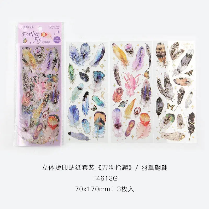 Three Piece Kawaii Feather Dragonfly Bird Jellyfish Decorative Sticker Pack for Scrapbooking Journals and Planners