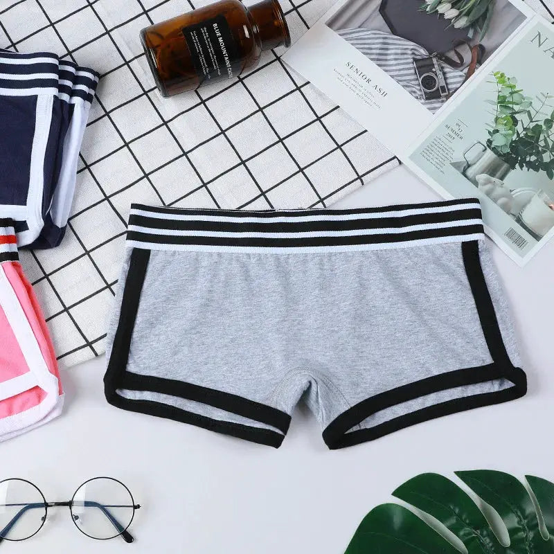 Women's low-waist boxer briefs in gray with black trim and striped waistband; 4 pairs shown.
