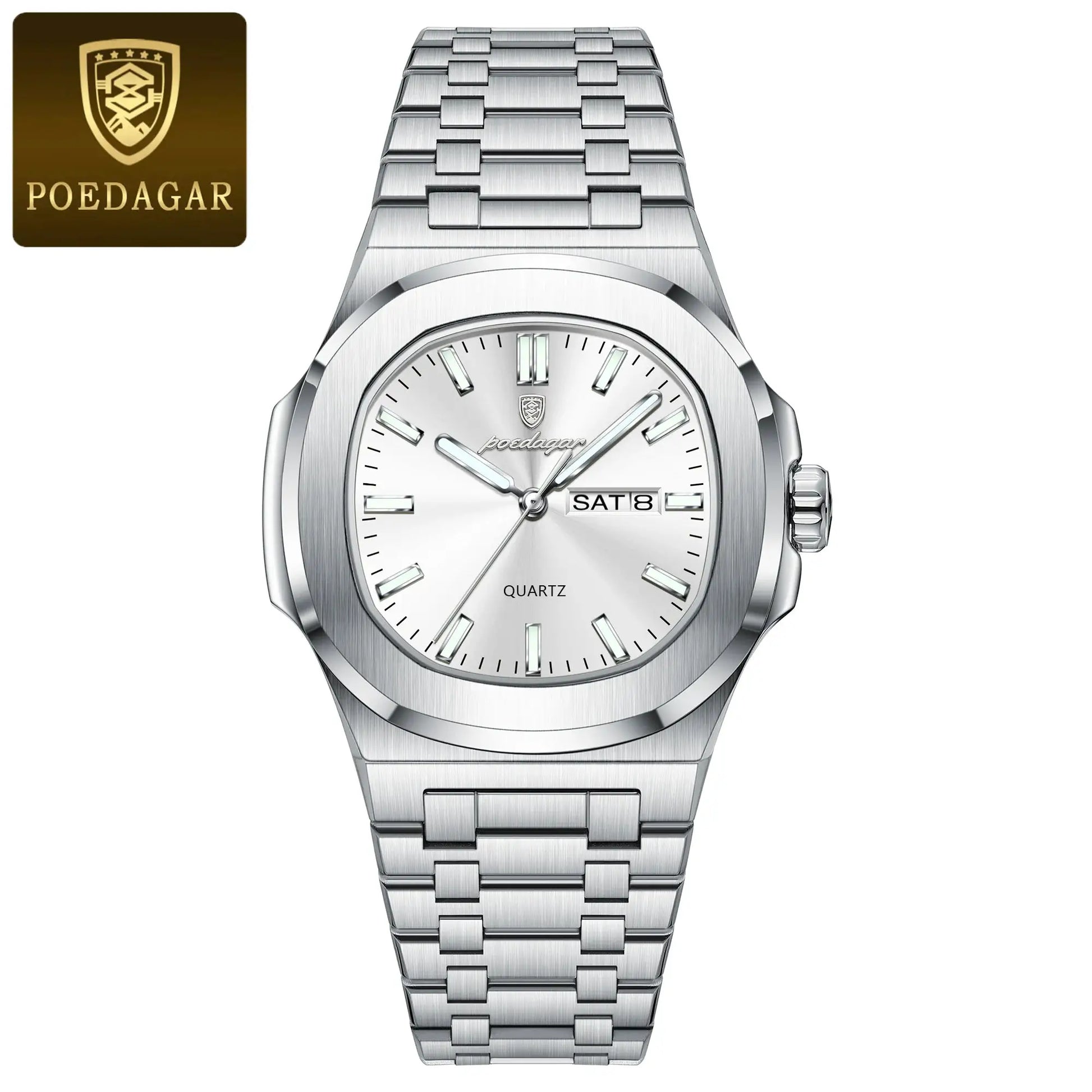 POEDAGAR stainless steel men's wristwatch with day/date window