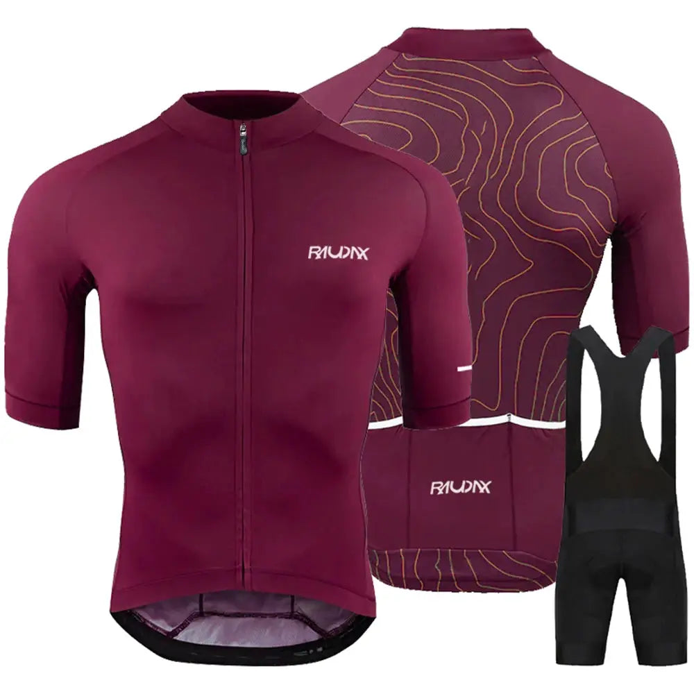 RAUDX youth cycling jersey set; burgundy, short sleeves, breathable fabric, includes matching shorts and bib shorts
