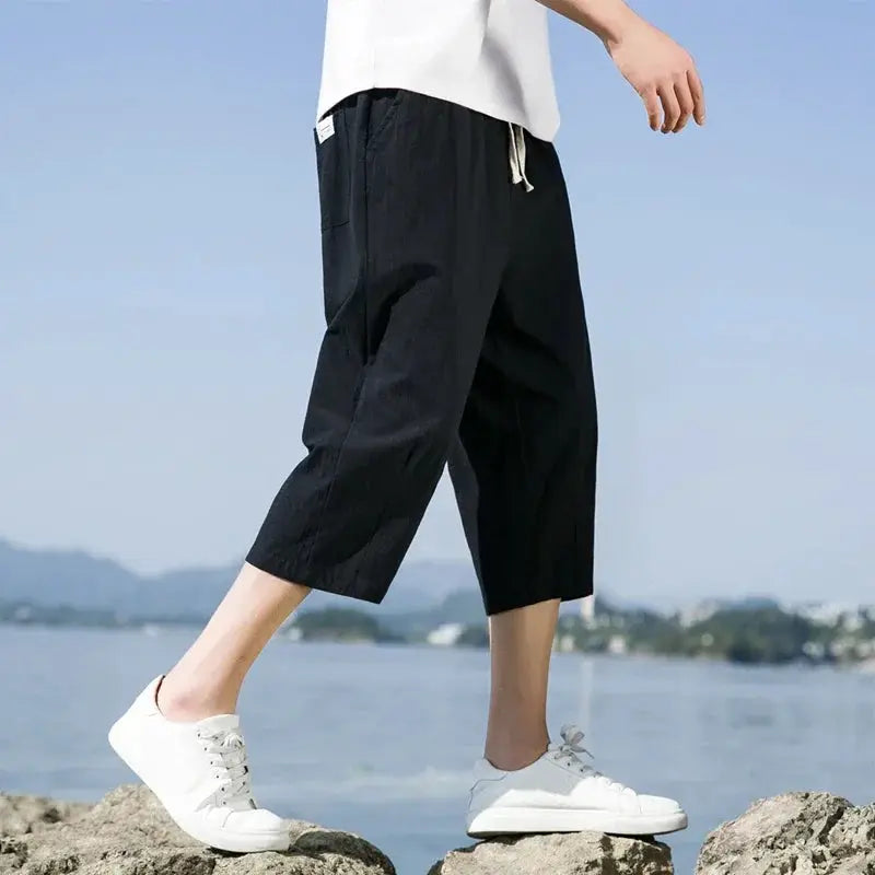 Men's black cotton shorts, lightweight straight-cut, cropped mid-calf length