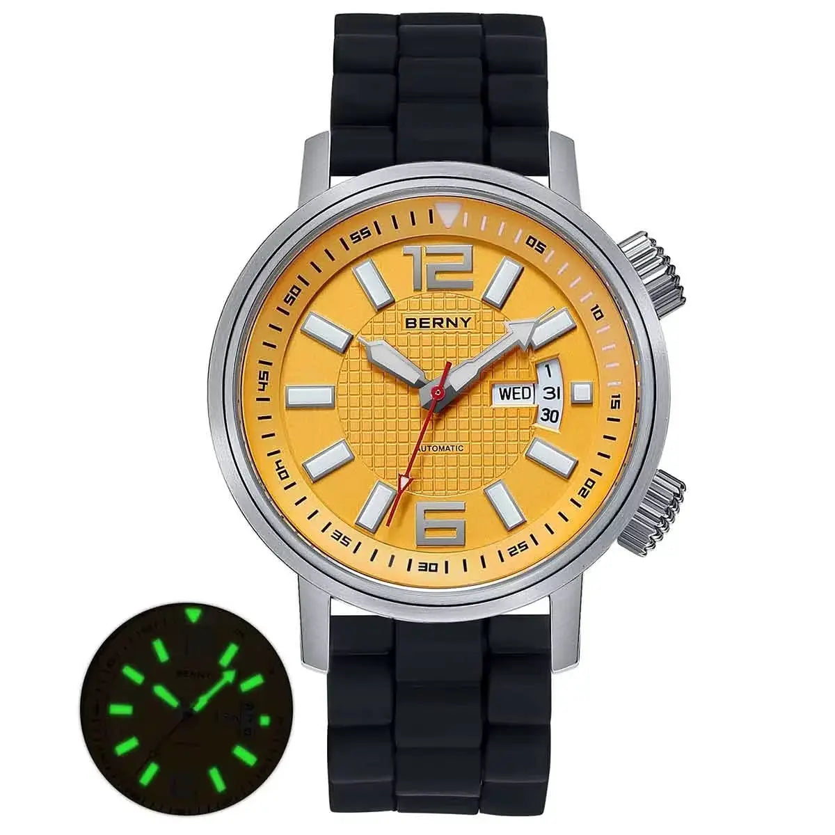 BERNY 20ATM diver watch with orange dial stainless steel case black silicone strap luminous markers automatic