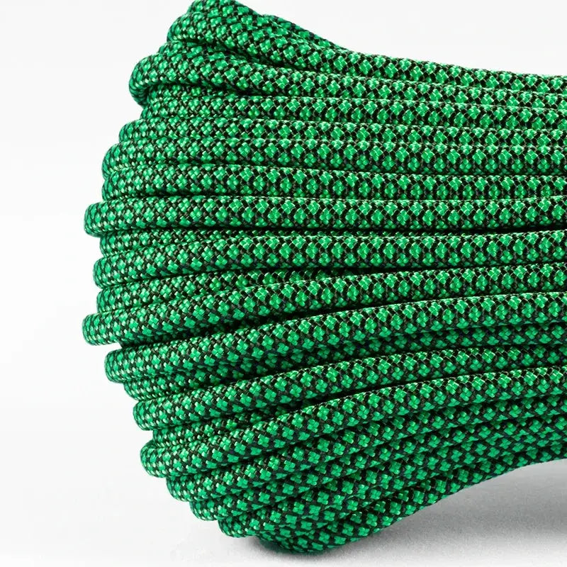 4mm braided paracord coil in green with black pattern, camping rope.