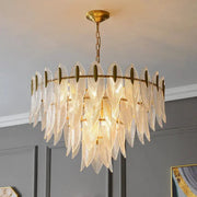 Glass chandelier pendant lamp with leaf-shaped clear prisms, brass chain, Simples Market
